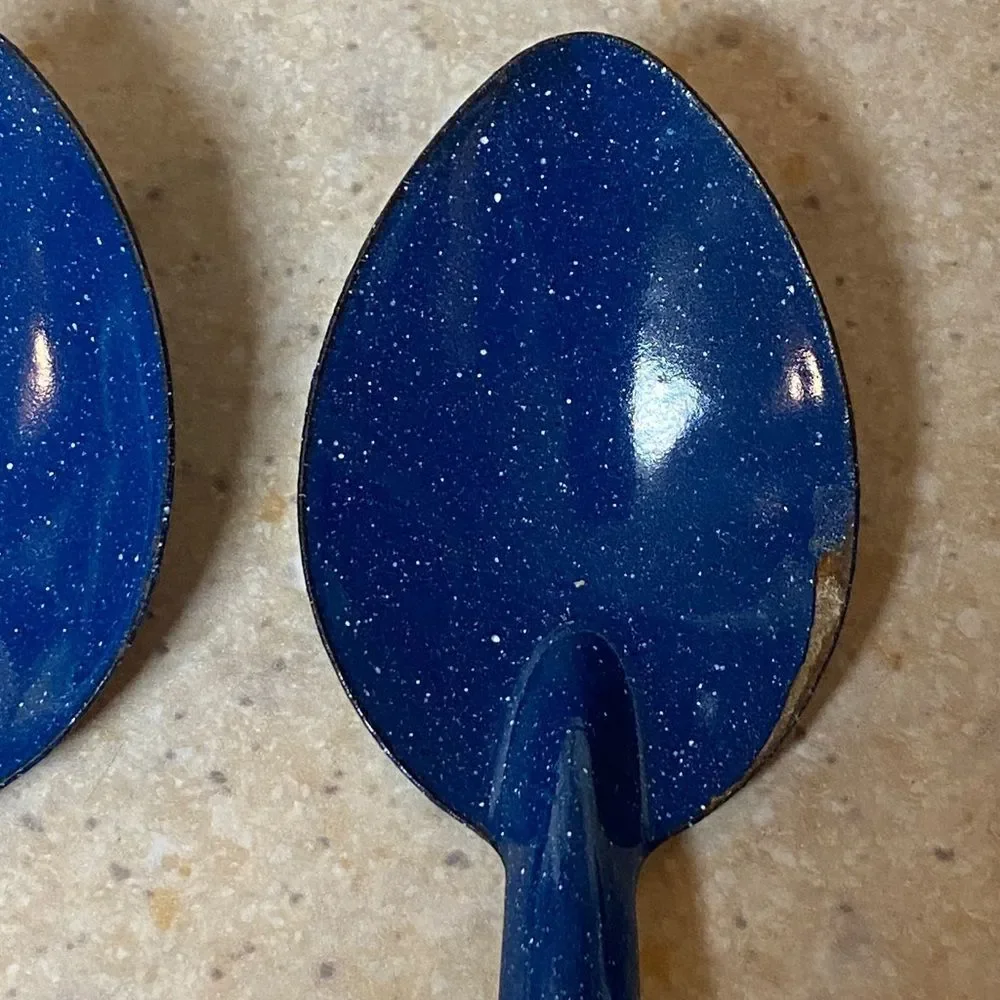 VTG, Enamel Deep Blue And White Speckled Granitewear Metal Serving Spoon Set 4